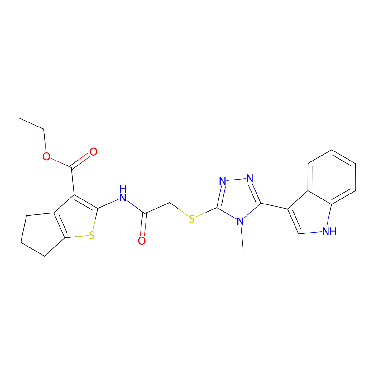 ethyl 2-(2-((5-(1H-indol-3-yl)-4-methyl-4H-1,2,4-triazol-3-yl)thio)acetamido)-5,6-dihydro-4H-cyclopenta[b]thiophene-3-carboxylate molecular structure, CAS 852143-22-7