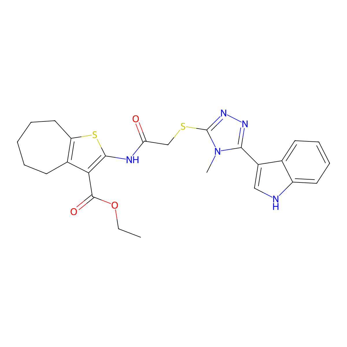 ethyl 2-(2-((5-(1H-indol-3-yl)-4-methyl-4H-1,2,4-triazol-3-yl)thio)acetamido)-5,6,7,8-tetrahydro-4H-cyclohepta[b]thiophene-3-carboxylate molecular structure, CAS 852143-23-8
