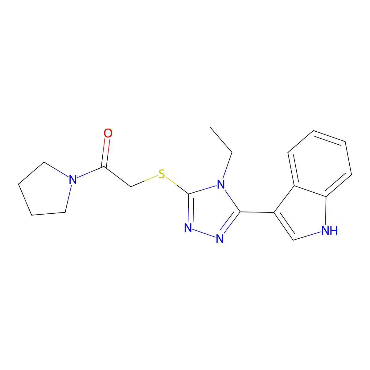 2-((4-ethyl-5-(1H-indol-3-yl)-4H-1,2,4-triazol-3-yl)thio)-1-(pyrrolidin-1-yl)ethanone molecular structure, CAS 852143-54-5