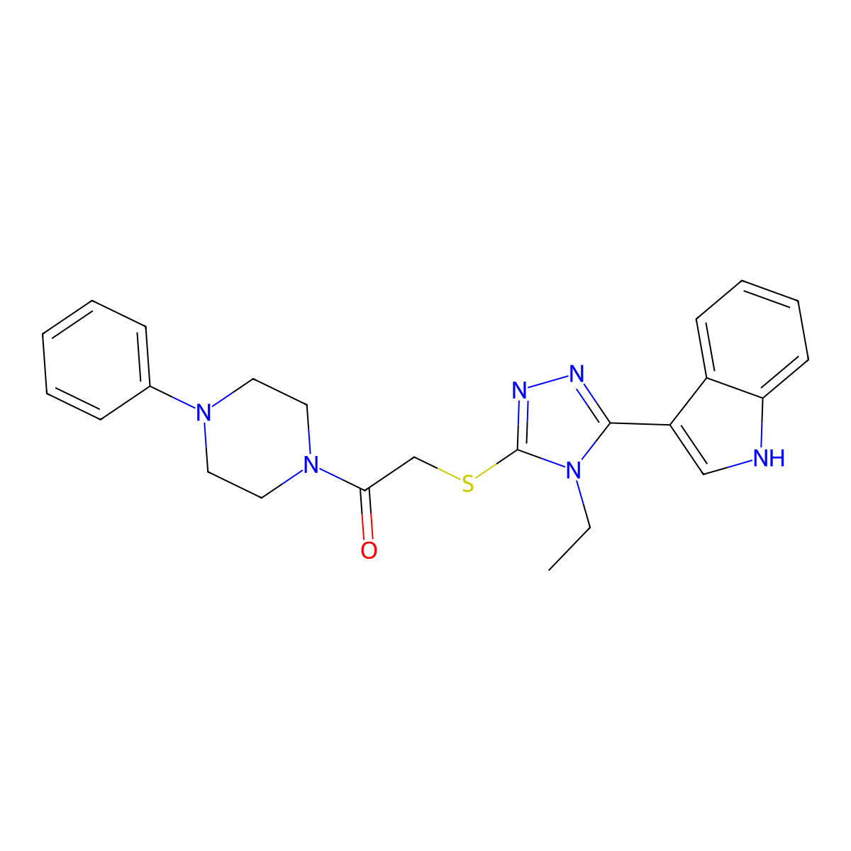 2-((4-ethyl-5-(1H-indol-3-yl)-4H-1,2,4-triazol-3-yl)thio)-1-(4-phenylpiperazin-1-yl)ethanone molecular structure, CAS 852143-58-9