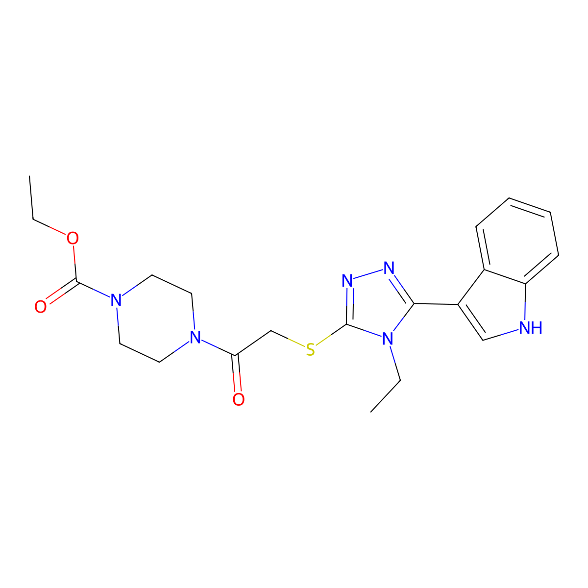 ethyl 4-(2-((4-ethyl-5-(1H-indol-3-yl)-4H-1,2,4-triazol-3-yl)thio)acetyl)piperazine-1-carboxylate molecular structure, CAS 852143-59-0