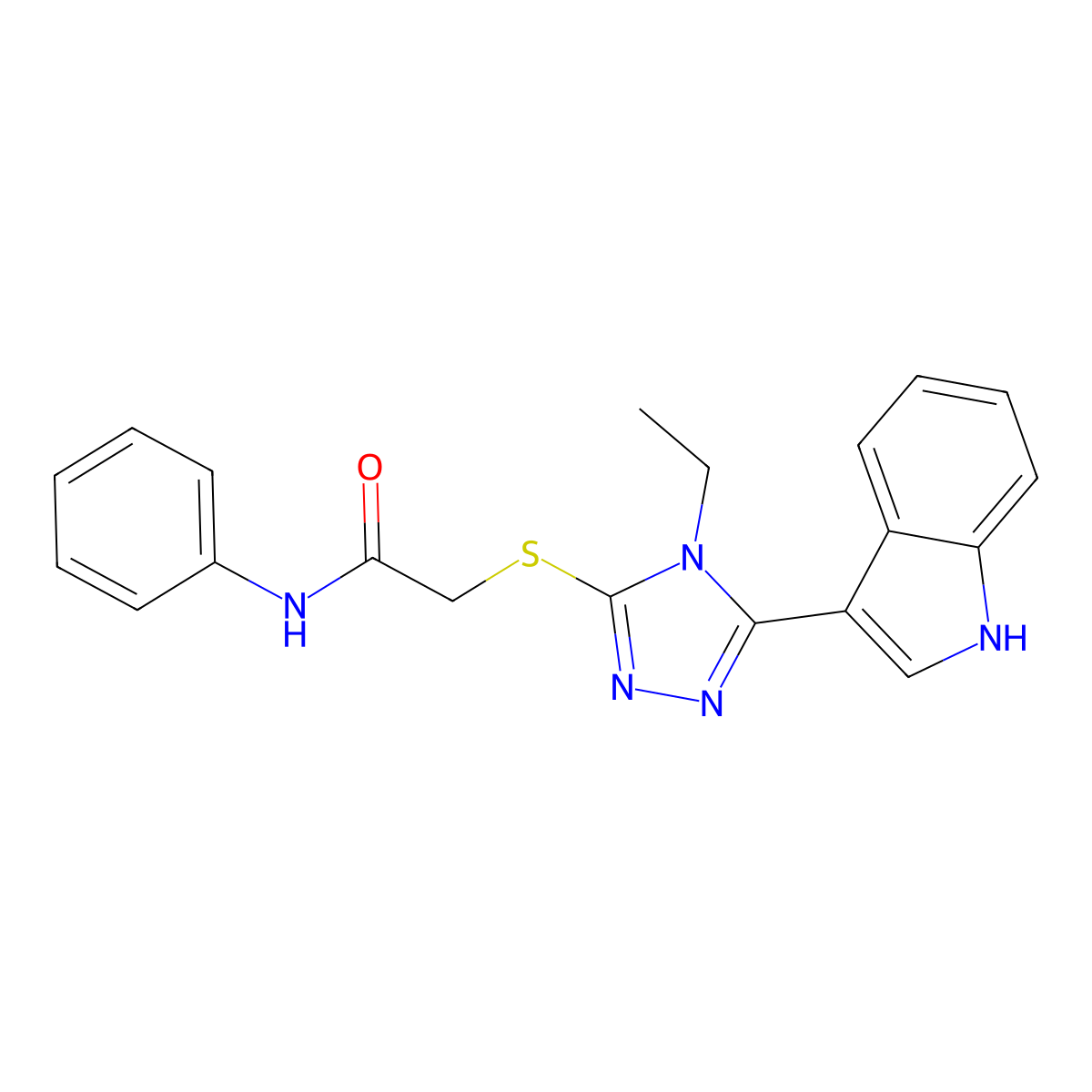 2-((4-ethyl-5-(1H-indol-3-yl)-4H-1,2,4-triazol-3-yl)thio)-N-phenylacetamide molecular structure, CAS 852143-60-3