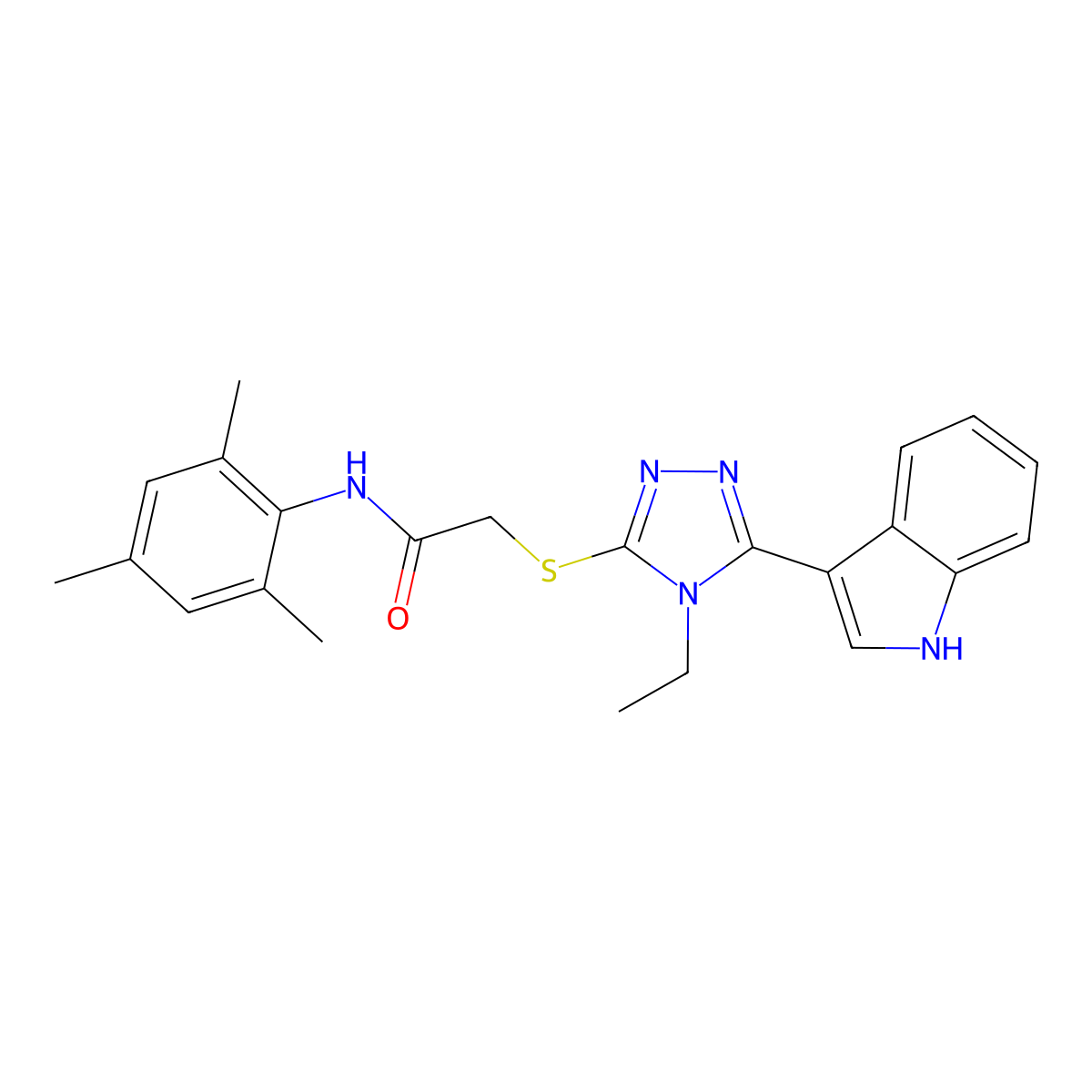 2-((4-ethyl-5-(1H-indol-3-yl)-4H-1,2,4-triazol-3-yl)thio)-N-mesitylacetamide molecular structure, CAS 852143-71-6