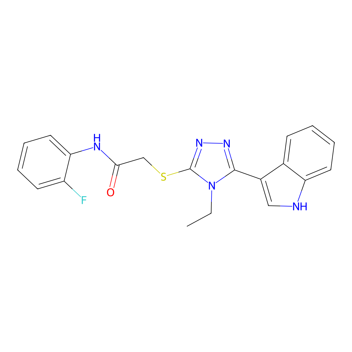 2-((4-ethyl-5-(1H-indol-3-yl)-4H-1,2,4-triazol-3-yl)thio)-N-(2-fluorophenyl)acetamide molecular structure, CAS 852143-74-9