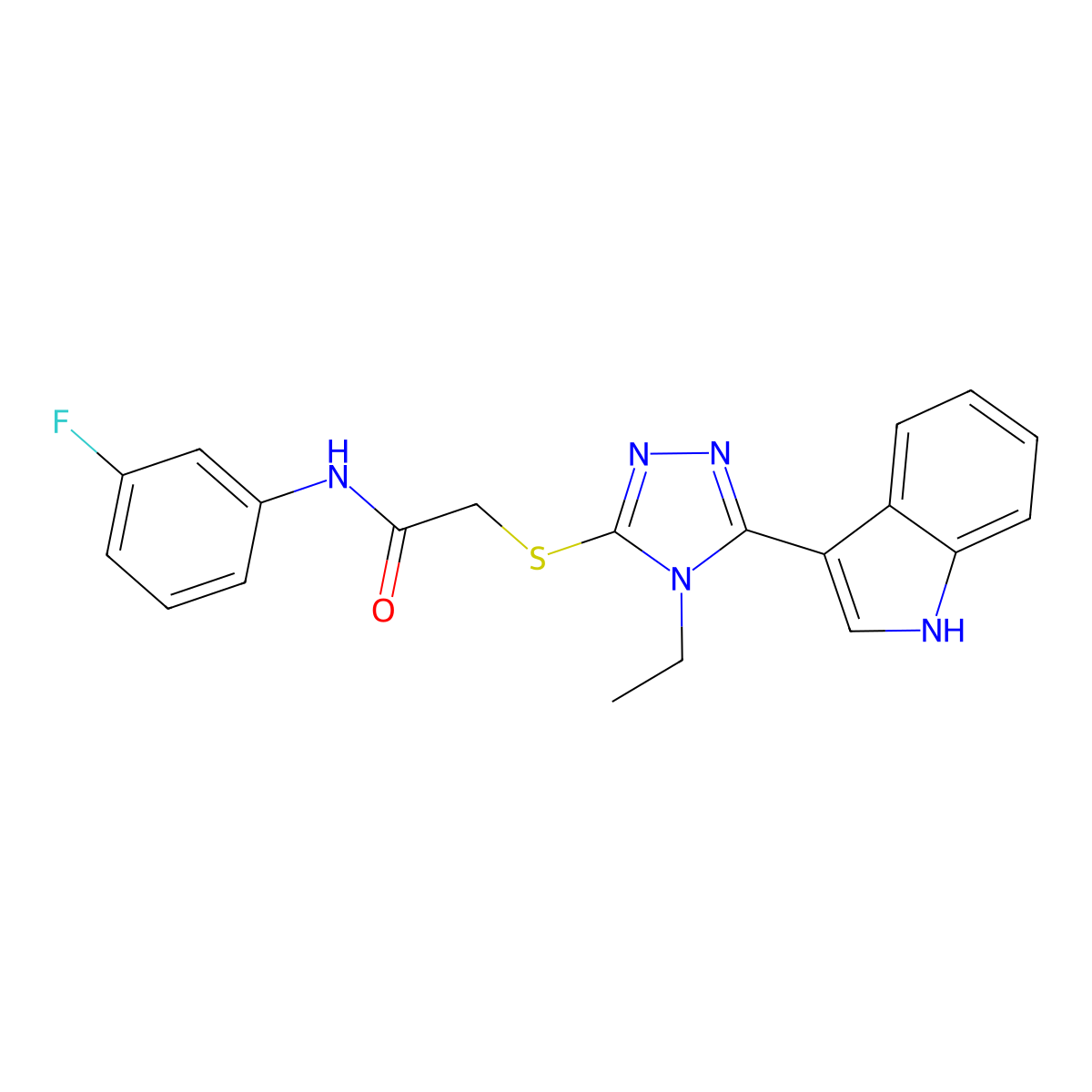 2-((4-ethyl-5-(1H-indol-3-yl)-4H-1,2,4-triazol-3-yl)thio)-N-(3-fluorophenyl)acetamide molecular structure, CAS 852143-75-0