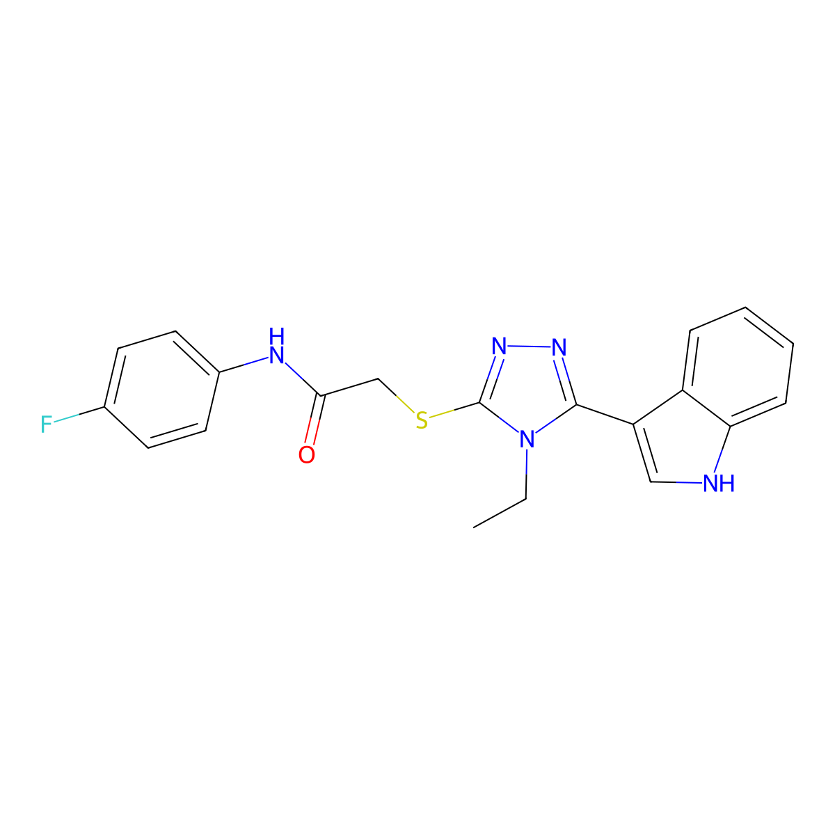 2-((4-ethyl-5-(1H-indol-3-yl)-4H-1,2,4-triazol-3-yl)thio)-N-(4-fluorophenyl)acetamide molecular structure, CAS 852143-76-1