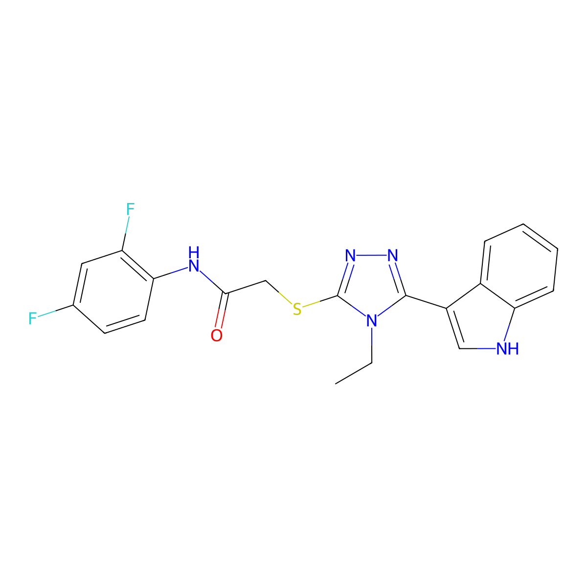 N-(2,4-difluorophenyl)-2-((4-ethyl-5-(1H-indol-3-yl)-4H-1,2,4-triazol-3-yl)thio)acetamide molecular structure, CAS 852143-79-4
