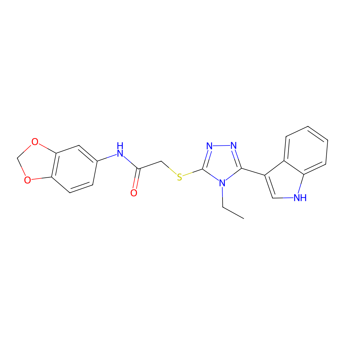 N-(benzo[d][1,3]dioxol-5-yl)-2-((4-ethyl-5-(1H-indol-3-yl)-4H-1,2,4-triazol-3-yl)thio)acetamide molecular structure, CAS 852143-90-9