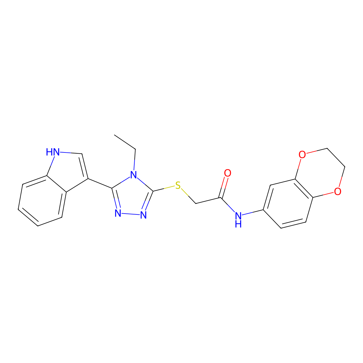 N-(2,3-dihydrobenzo[b][1,4]dioxin-6-yl)-2-((4-ethyl-5-(1H-indol-3-yl)-4H-1,2,4-triazol-3-yl)thio)acetamide molecular structure, CAS 852143-91-0