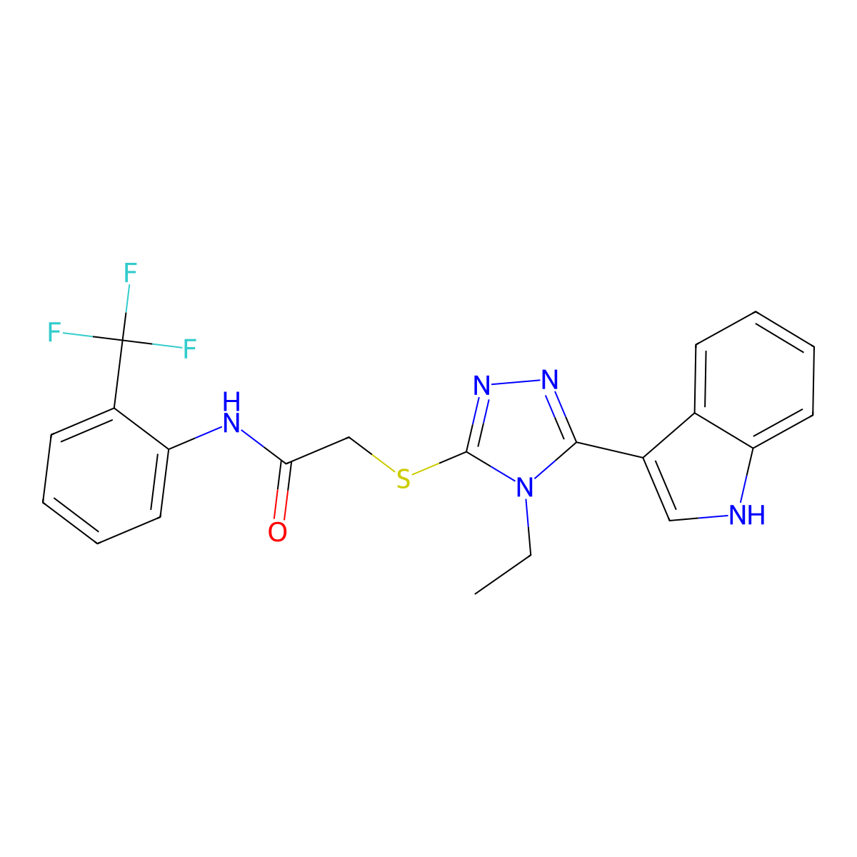 2-((4-ethyl-5-(1H-indol-3-yl)-4H-1,2,4-triazol-3-yl)thio)-N-(2-(trifluoromethyl)phenyl)acetamide molecular structure, CAS 852143-93-2