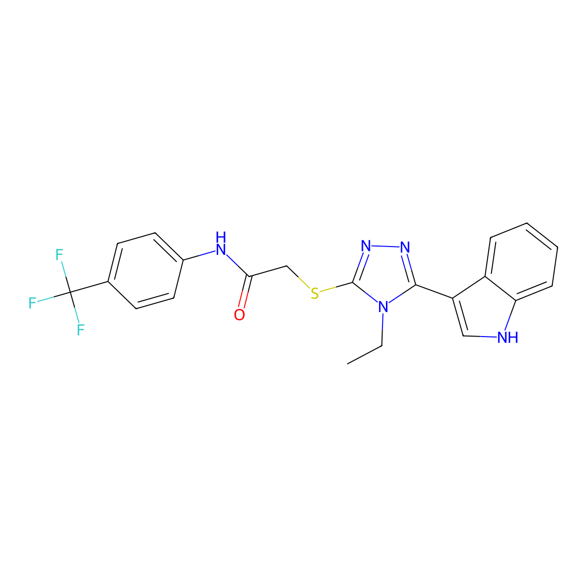2-((4-ethyl-5-(1H-indol-3-yl)-4H-1,2,4-triazol-3-yl)thio)-N-(4-(trifluoromethyl)phenyl)acetamide molecular structure, CAS 852143-95-4