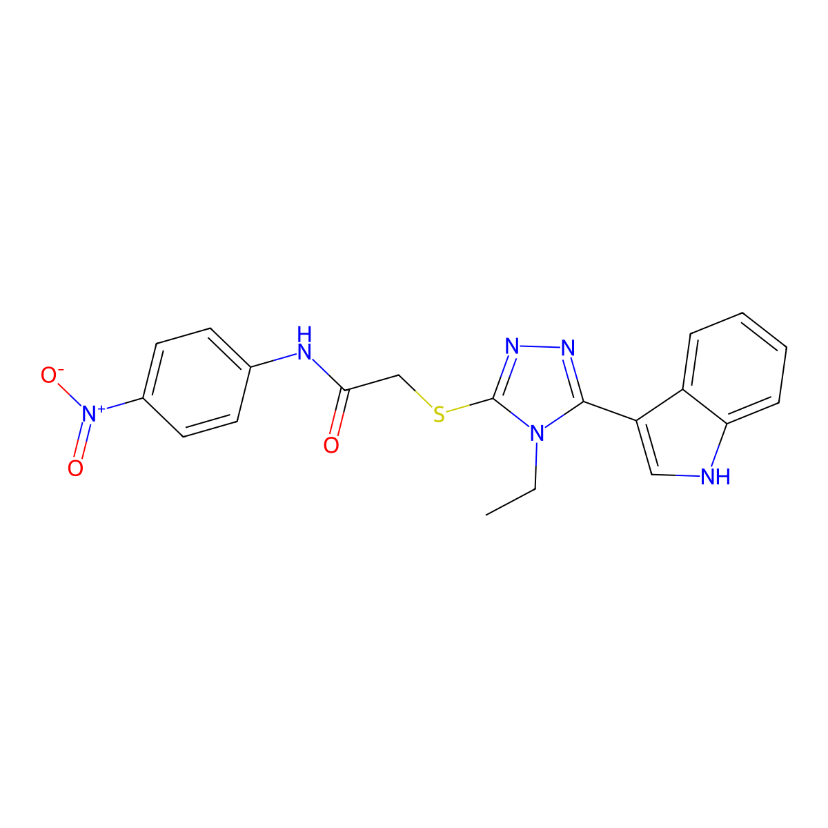 2-((4-ethyl-5-(1H-indol-3-yl)-4H-1,2,4-triazol-3-yl)thio)-N-(4-nitrophenyl)acetamide molecular structure, CAS 852143-98-7