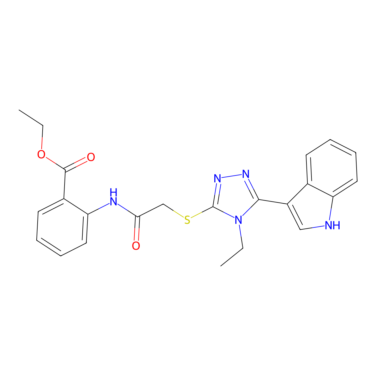 ethyl 2-(2-((4-ethyl-5-(1H-indol-3-yl)-4H-1,2,4-triazol-3-yl)thio)acetamido)benzoate molecular structure, CAS 852144-00-4
