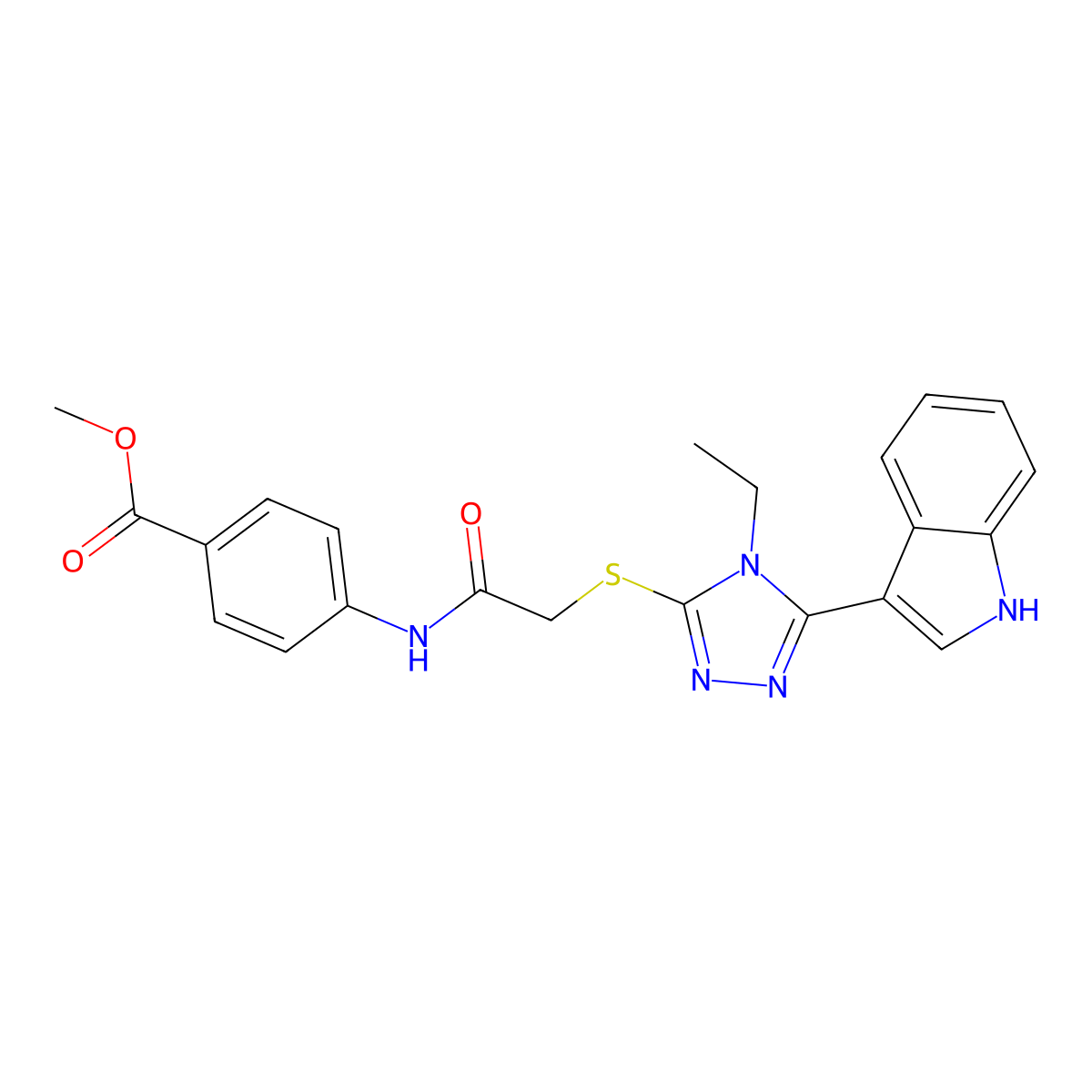 methyl 4-(2-((4-ethyl-5-(1H-indol-3-yl)-4H-1,2,4-triazol-3-yl)thio)acetamido)benzoate molecular structure, CAS 852144-03-7