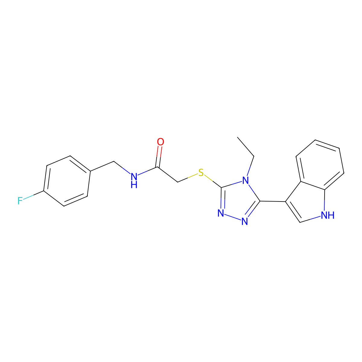 2-((4-ethyl-5-(1H-indol-3-yl)-4H-1,2,4-triazol-3-yl)thio)-N-(4-fluorobenzyl)acetamide molecular structure, CAS 852144-09-3