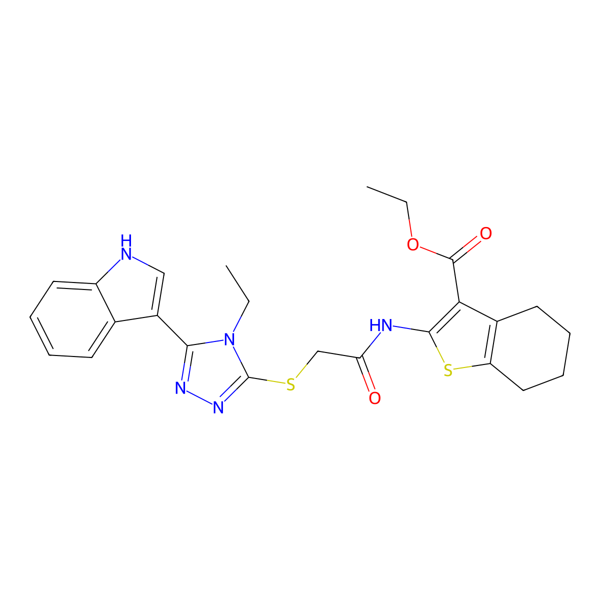 ethyl 2-(2-((4-ethyl-5-(1H-indol-3-yl)-4H-1,2,4-triazol-3-yl)thio)acetamido)-4,5,6,7-tetrahydrobenzo[b]thiophene-3-carboxylate molecular structure, CAS 852144-20-8