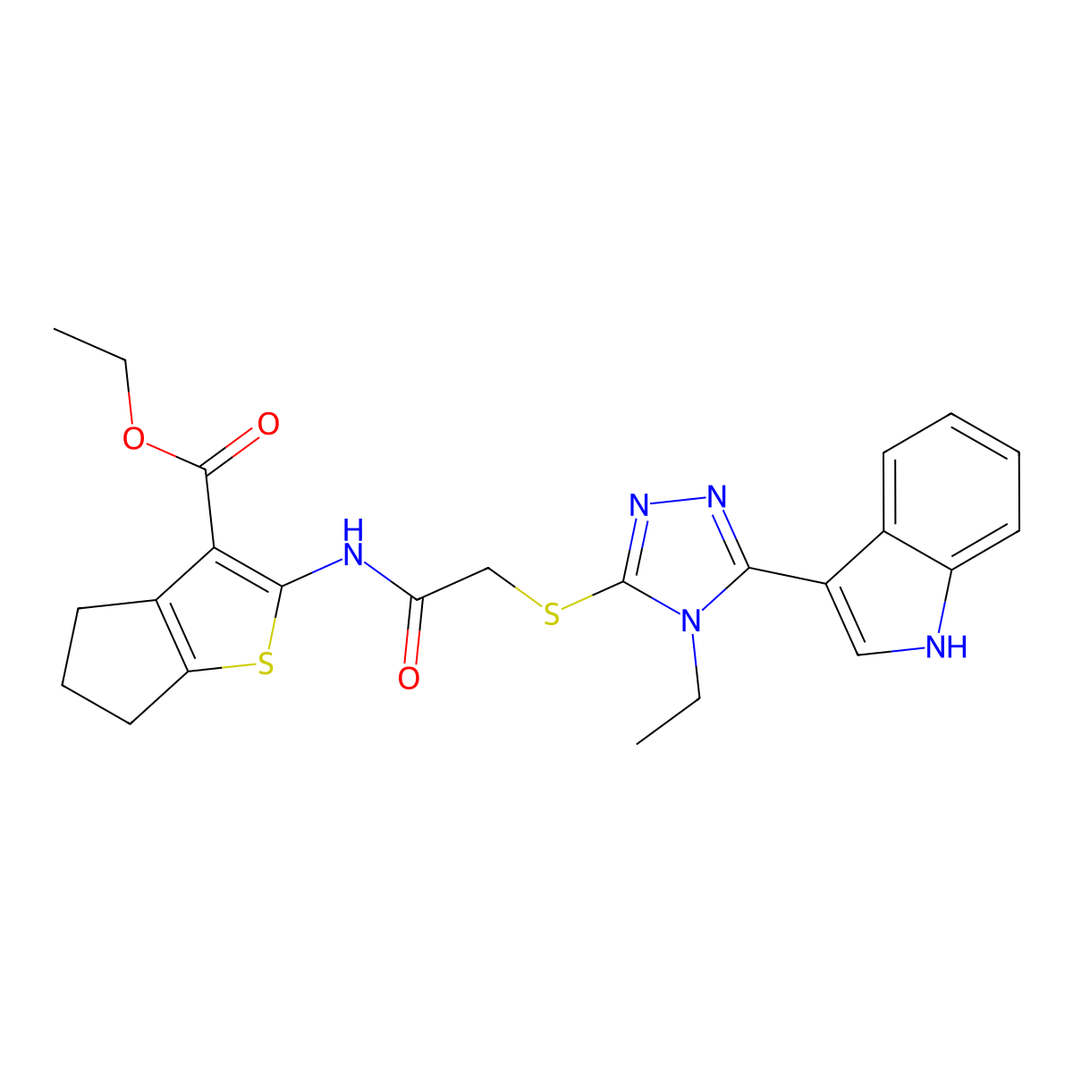 ethyl 2-(2-((4-ethyl-5-(1H-indol-3-yl)-4H-1,2,4-triazol-3-yl)thio)acetamido)-5,6-dihydro-4H-cyclopenta[b]thiophene-3-carboxylate molecular structure, CAS 852144-21-9