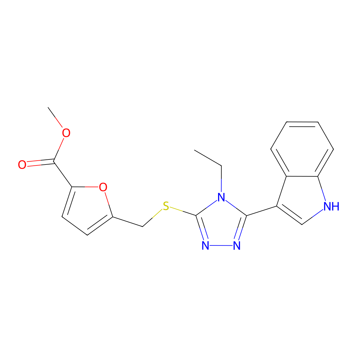 methyl 5-(((4-ethyl-5-(1H-indol-3-yl)-4H-1,2,4-triazol-3-yl)thio)methyl)furan-2-carboxylate molecular structure, CAS 852144-24-2