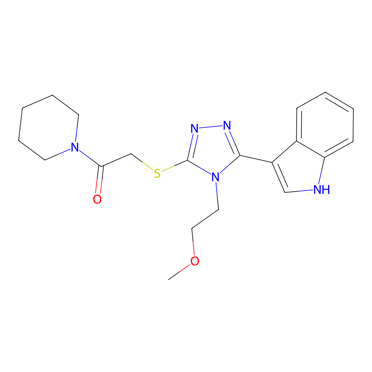 2-((5-(1H-indol-3-yl)-4-(2-methoxyethyl)-4H-1,2,4-triazol-3-yl)thio)-1-(piperidin-1-yl)ethanone molecular structure, CAS 852144-46-8