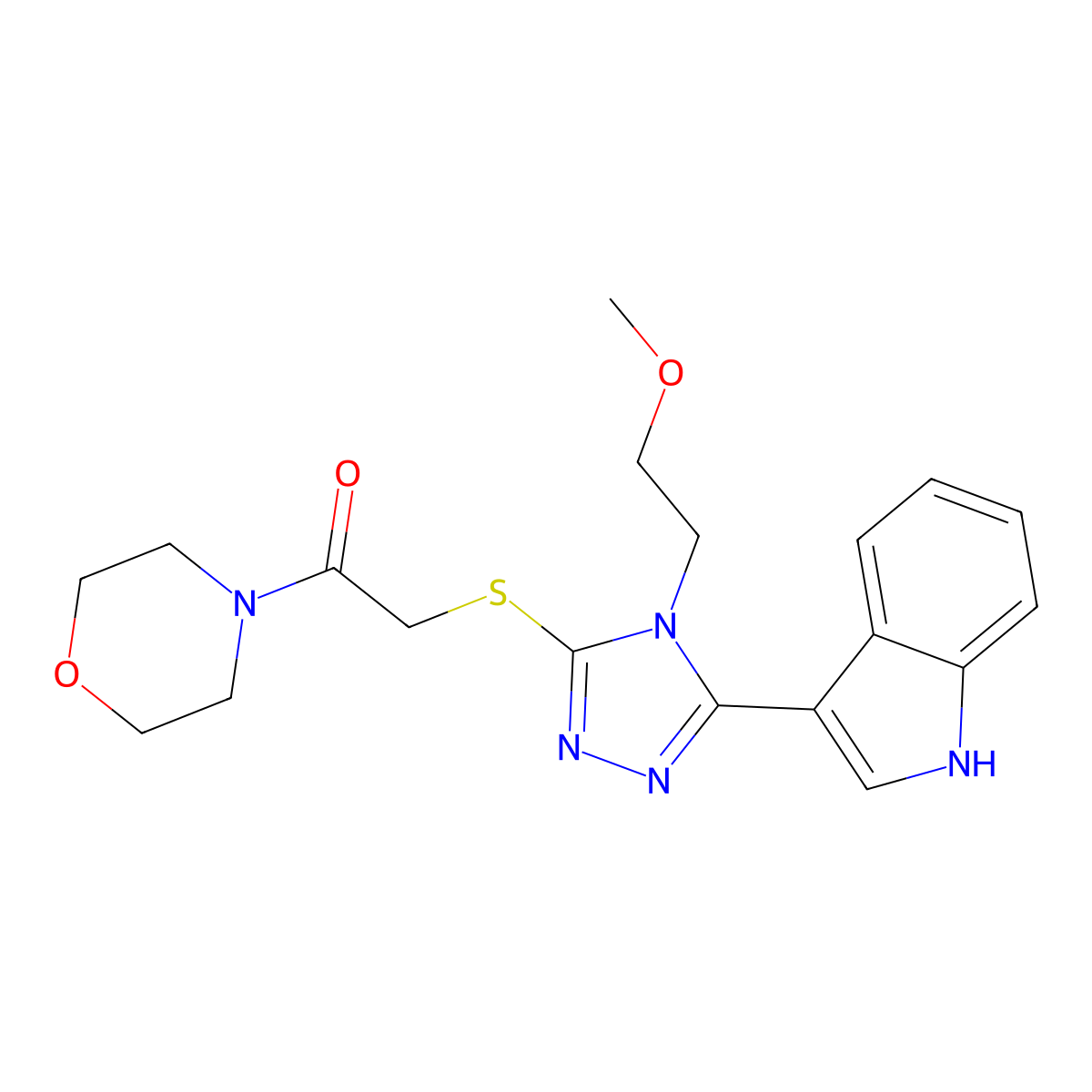 2-((5-(1H-indol-3-yl)-4-(2-methoxyethyl)-4H-1,2,4-triazol-3-yl)thio)-1-morpholinoethanone molecular structure, CAS 852144-48-0