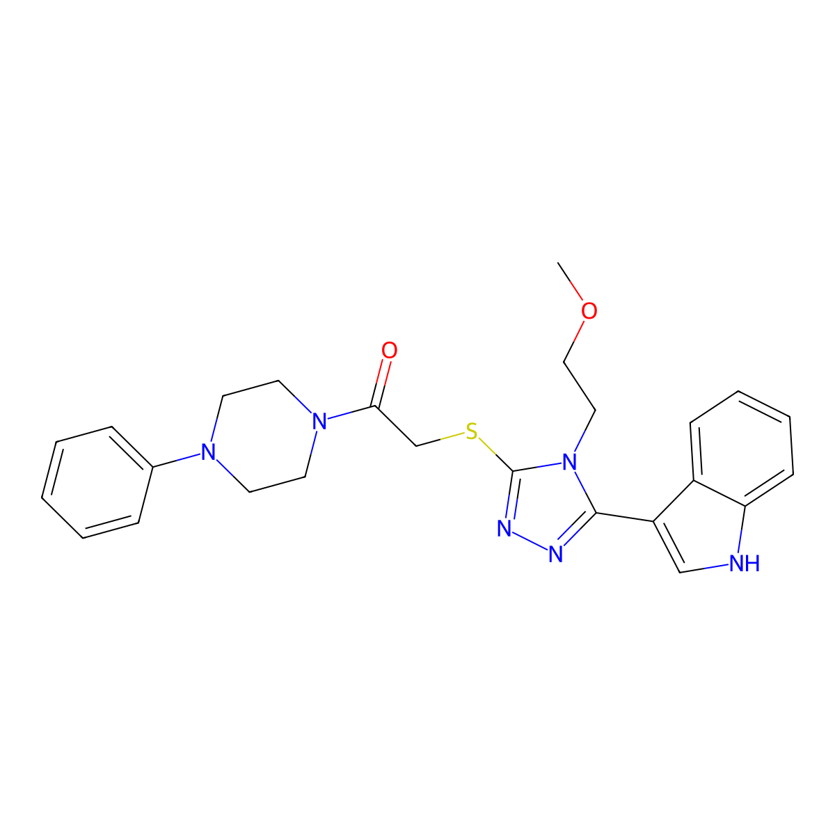 2-((5-(1H-indol-3-yl)-4-(2-methoxyethyl)-4H-1,2,4-triazol-3-yl)thio)-1-(4-phenylpiperazin-1-yl)ethanone molecular structure, CAS 852144-50-4