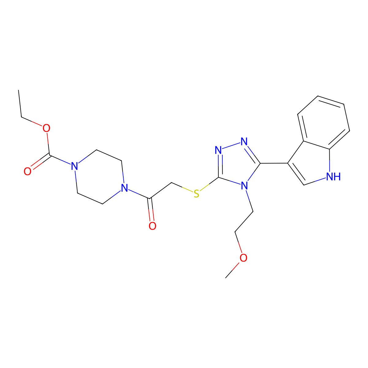 ethyl 4-({[5-(1H-indol-3-yl)-4-(2-methoxyethyl)-4H-1,2,4-triazol-3-yl]thio}acetyl)piperazine-1-carboxylate molecular structure, CAS 852144-51-5