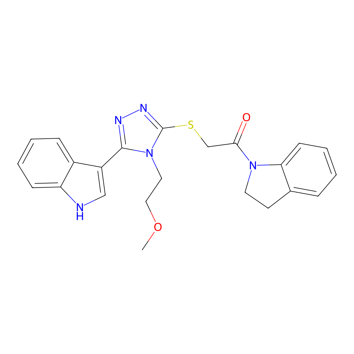 2-((5-(1H-indol-3-yl)-4-(2-methoxyethyl)-4H-1,2,4-triazol-3-yl)thio)-1-(indolin-1-yl)ethanone molecular structure, CAS 852144-53-7
