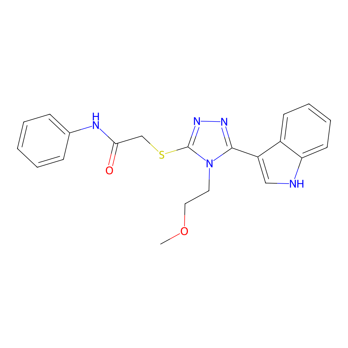 2-((5-(1H-indol-3-yl)-4-(2-methoxyethyl)-4H-1,2,4-triazol-3-yl)thio)-N-phenylacetamide molecular structure, CAS 852144-55-9