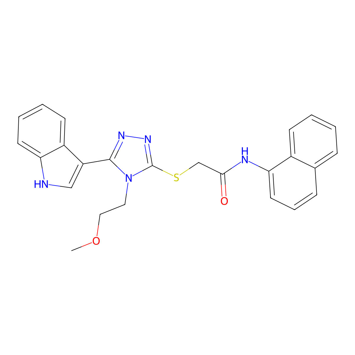 2-((5-(1H-indol-3-yl)-4-(2-methoxyethyl)-4H-1,2,4-triazol-3-yl)thio)-N-(naphthalen-1-yl)acetamide molecular structure, CAS 852144-56-0
