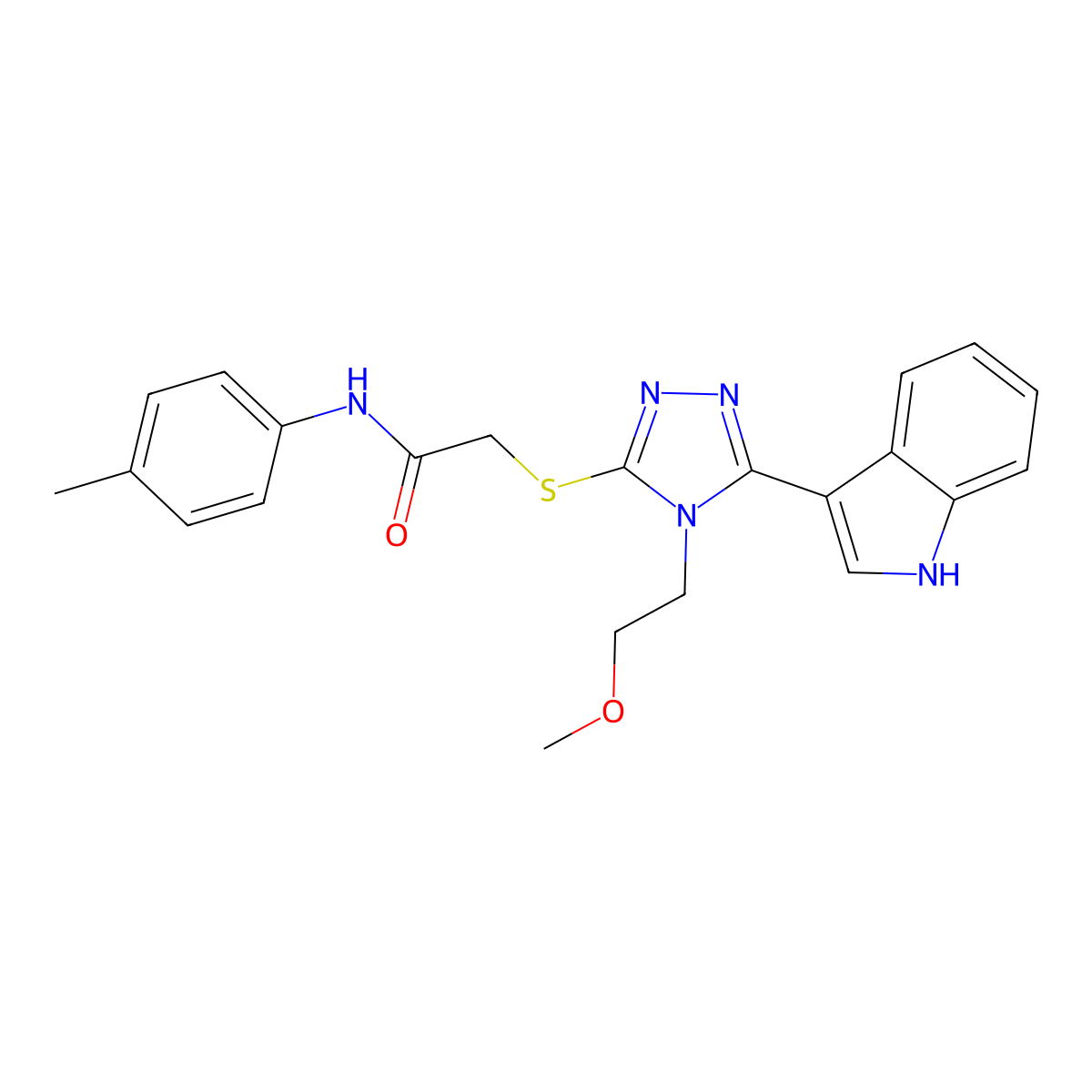 2-((5-(1H-indol-3-yl)-4-(2-methoxyethyl)-4H-1,2,4-triazol-3-yl)thio)-N-(p-tolyl)acetamide molecular structure, CAS 852144-59-3