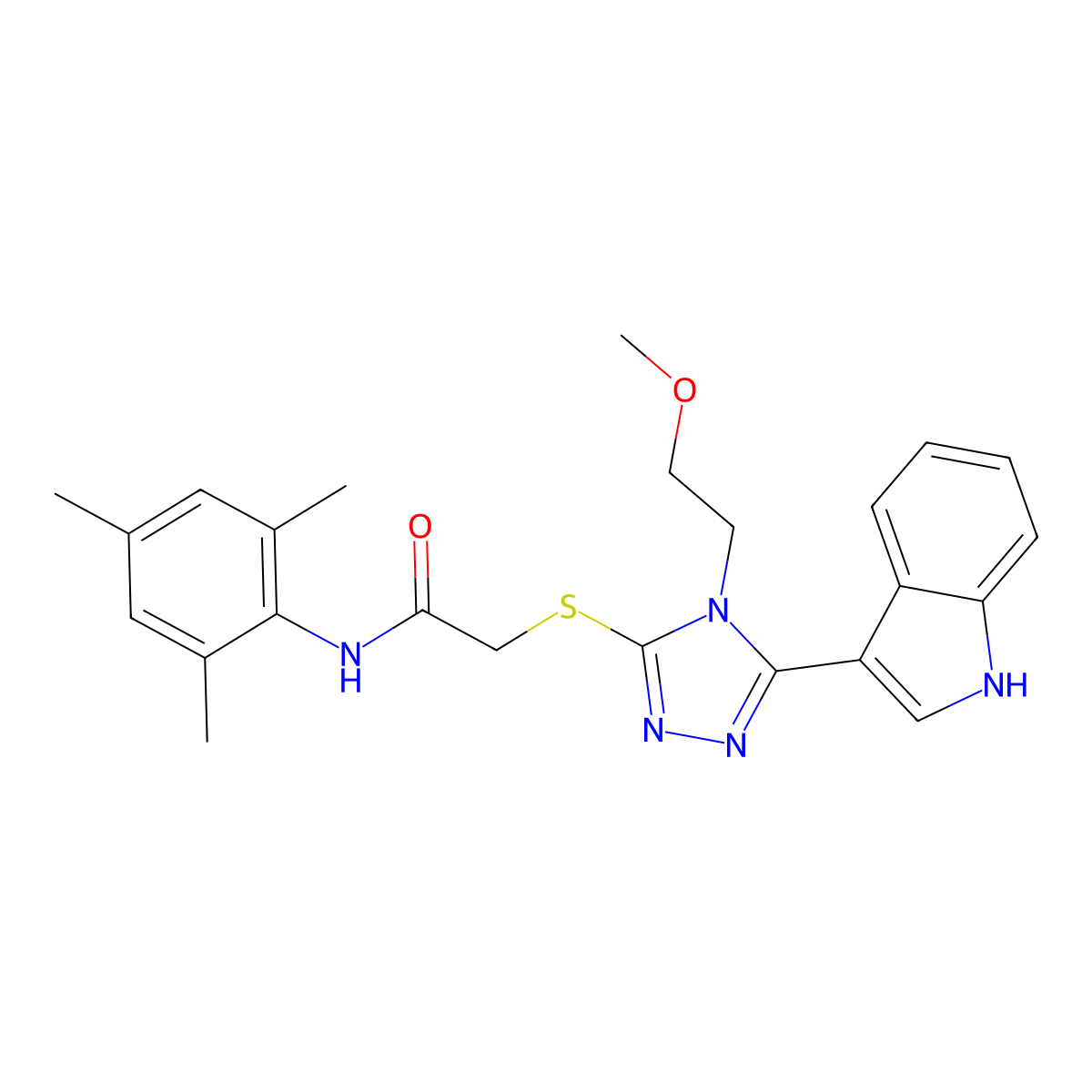 2-((5-(1H-indol-3-yl)-4-(2-methoxyethyl)-4H-1,2,4-triazol-3-yl)thio)-N-mesitylacetamide molecular structure, CAS 852144-63-9