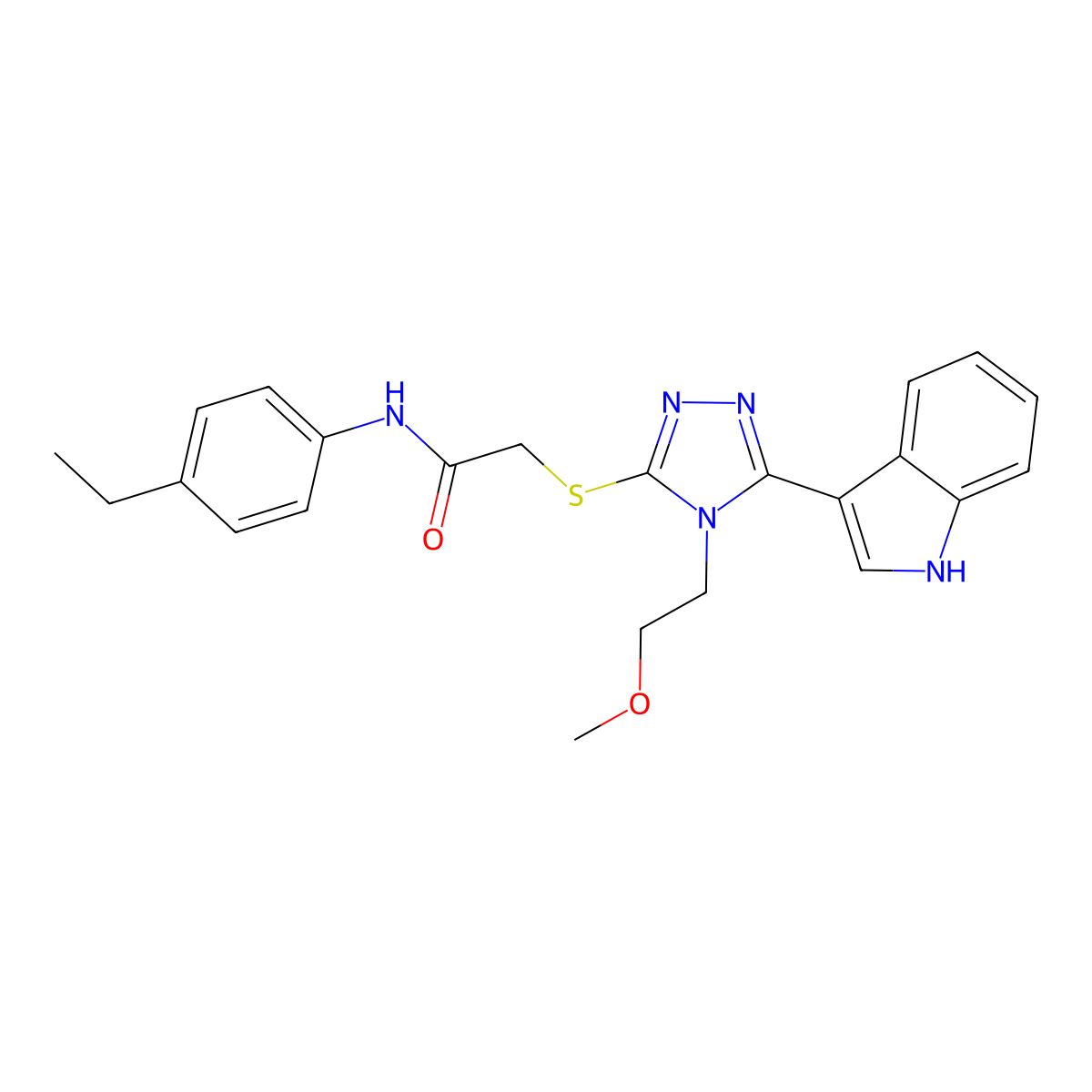 2-((5-(1H-indol-3-yl)-4-(2-methoxyethyl)-4H-1,2,4-triazol-3-yl)thio)-N-(4-ethylphenyl)acetamide molecular structure, CAS 852144-64-0