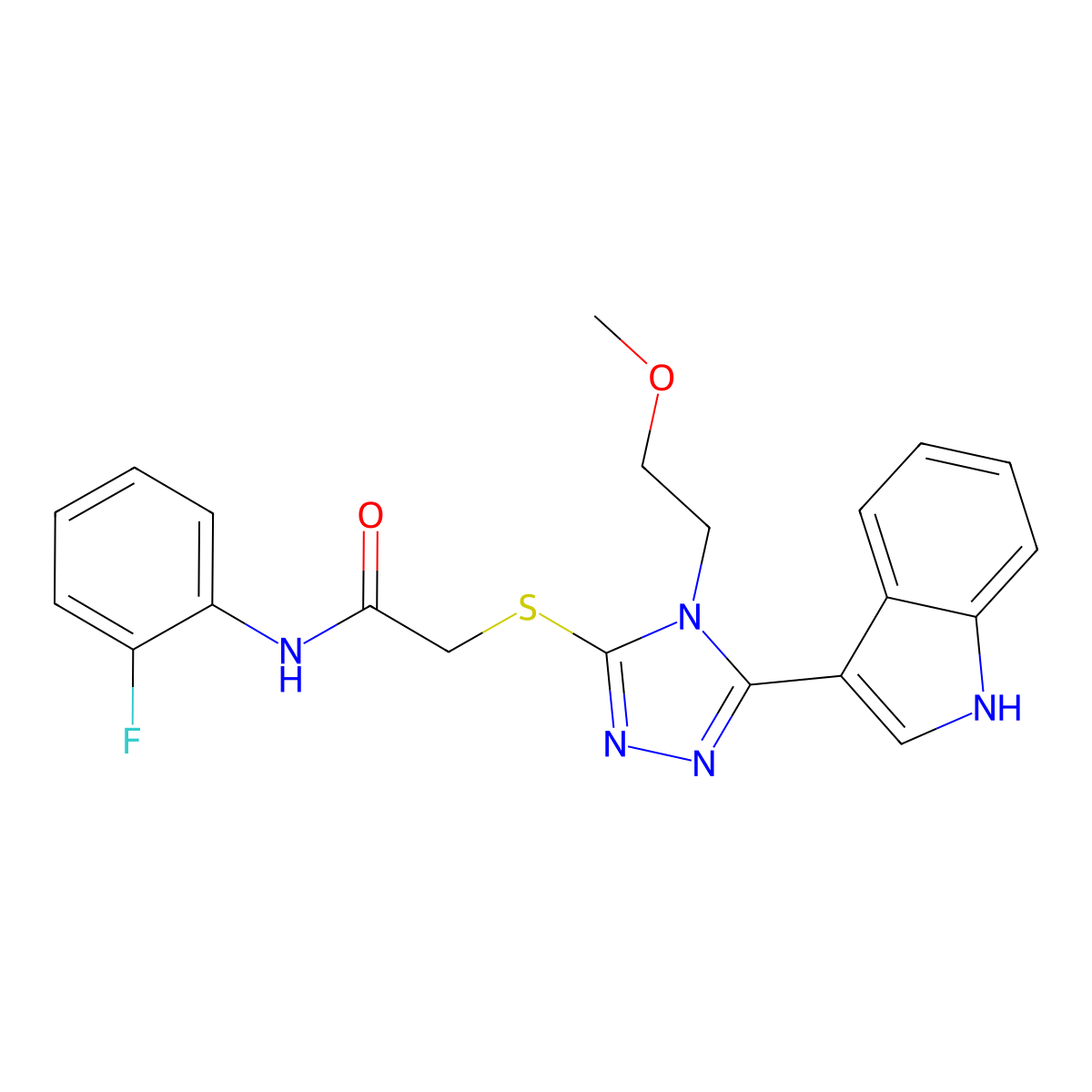 2-((5-(1H-indol-3-yl)-4-(2-methoxyethyl)-4H-1,2,4-triazol-3-yl)thio)-N-(2-fluorophenyl)acetamide molecular structure, CAS 852144-65-1