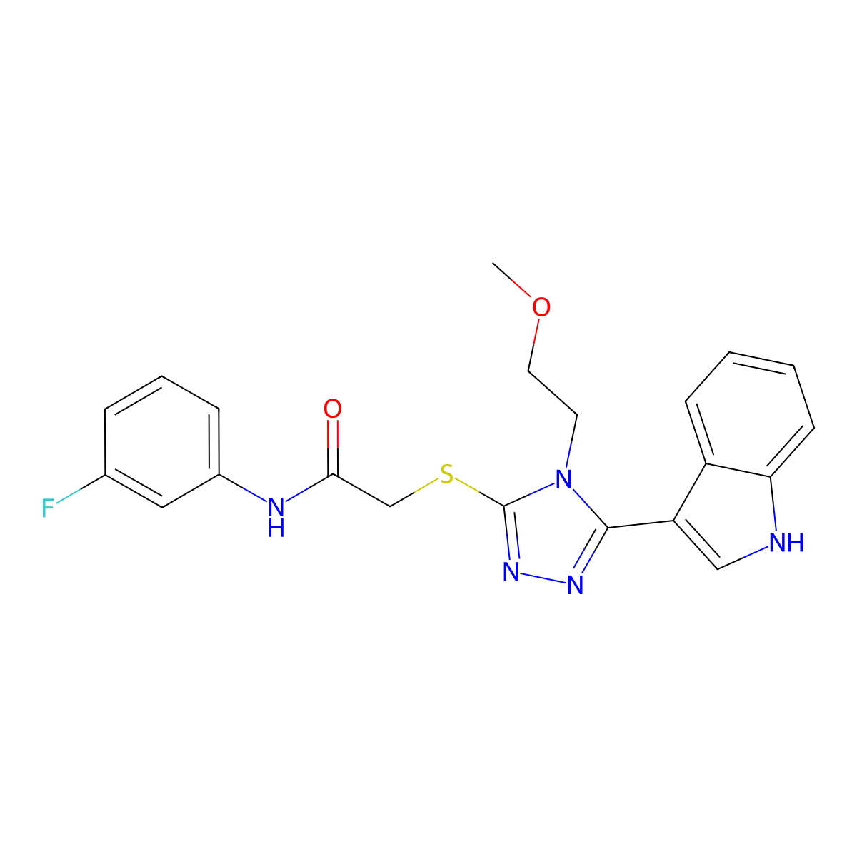 2-((5-(1H-indol-3-yl)-4-(2-methoxyethyl)-4H-1,2,4-triazol-3-yl)thio)-N-(3-fluorophenyl)acetamide molecular structure, CAS 852144-66-2