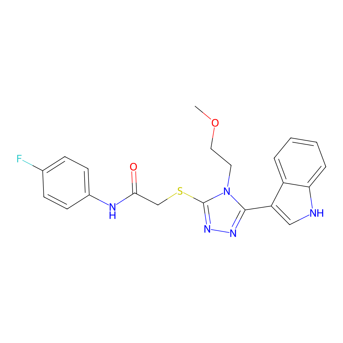 2-((5-(1H-indol-3-yl)-4-(2-methoxyethyl)-4H-1,2,4-triazol-3-yl)thio)-N-(4-fluorophenyl)acetamide molecular structure, CAS 852144-67-3