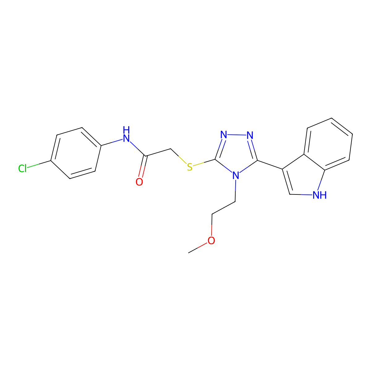 2-((5-(1H-indol-3-yl)-4-(2-methoxyethyl)-4H-1,2,4-triazol-3-yl)thio)-N-(4-chlorophenyl)acetamide molecular structure, CAS 852144-69-5