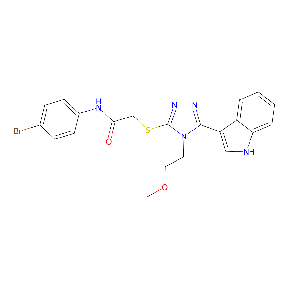 2-((5-(1H-indol-3-yl)-4-(2-methoxyethyl)-4H-1,2,4-triazol-3-yl)thio)-N-(4-bromophenyl)acetamide molecular structure, CAS 852144-70-8