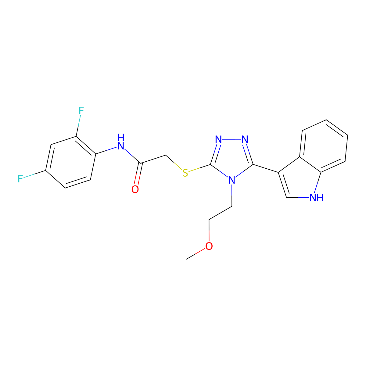 2-((5-(1H-indol-3-yl)-4-(2-methoxyethyl)-4H-1,2,4-triazol-3-yl)thio)-N-(2,4-difluorophenyl)acetamide molecular structure, CAS 852144-71-9