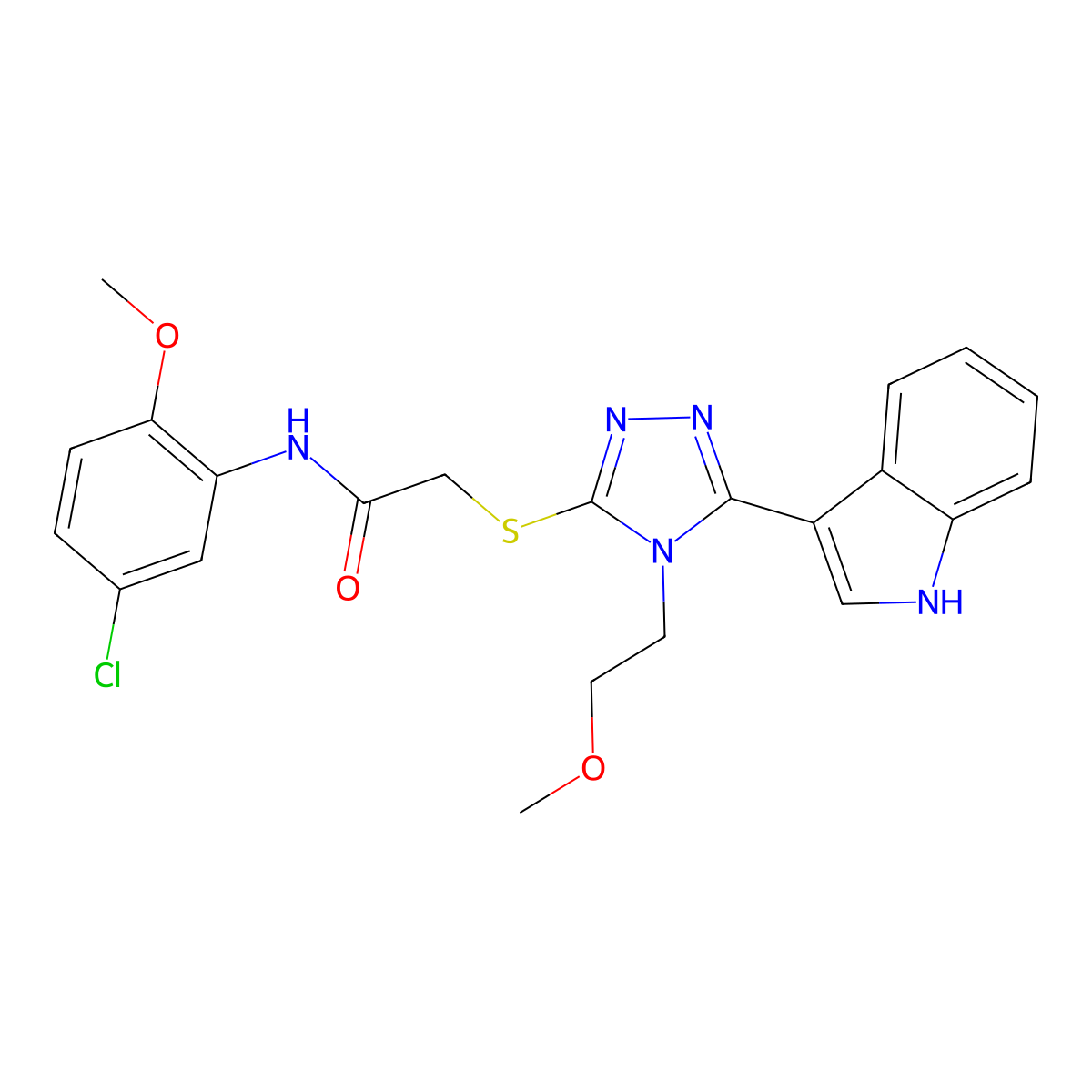 2-((5-(1H-indol-3-yl)-4-(2-methoxyethyl)-4H-1,2,4-triazol-3-yl)thio)-N-(5-chloro-2-methoxyphenyl)acetamide molecular structure, CAS 852144-74-2