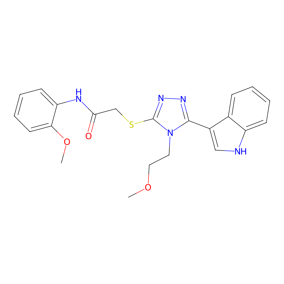2-((5-(1H-indol-3-yl)-4-(2-methoxyethyl)-4H-1,2,4-triazol-3-yl)thio)-N-(2-methoxyphenyl)acetamide molecular structure, CAS 852144-75-3