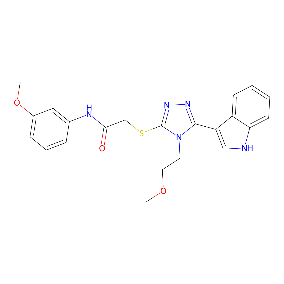 2-((5-(1H-indol-3-yl)-4-(2-methoxyethyl)-4H-1,2,4-triazol-3-yl)thio)-N-(3-methoxyphenyl)acetamide molecular structure, CAS 852144-76-4