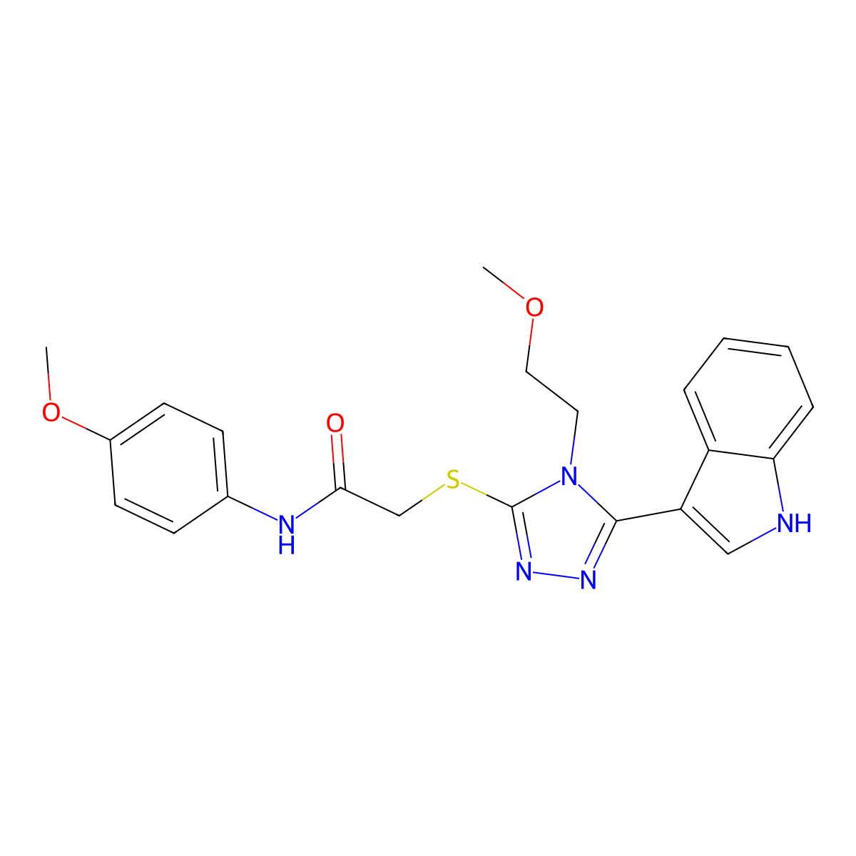 2-((5-(1H-indol-3-yl)-4-(2-methoxyethyl)-4H-1,2,4-triazol-3-yl)thio)-N-(4-methoxyphenyl)acetamide molecular structure, CAS 852144-77-5