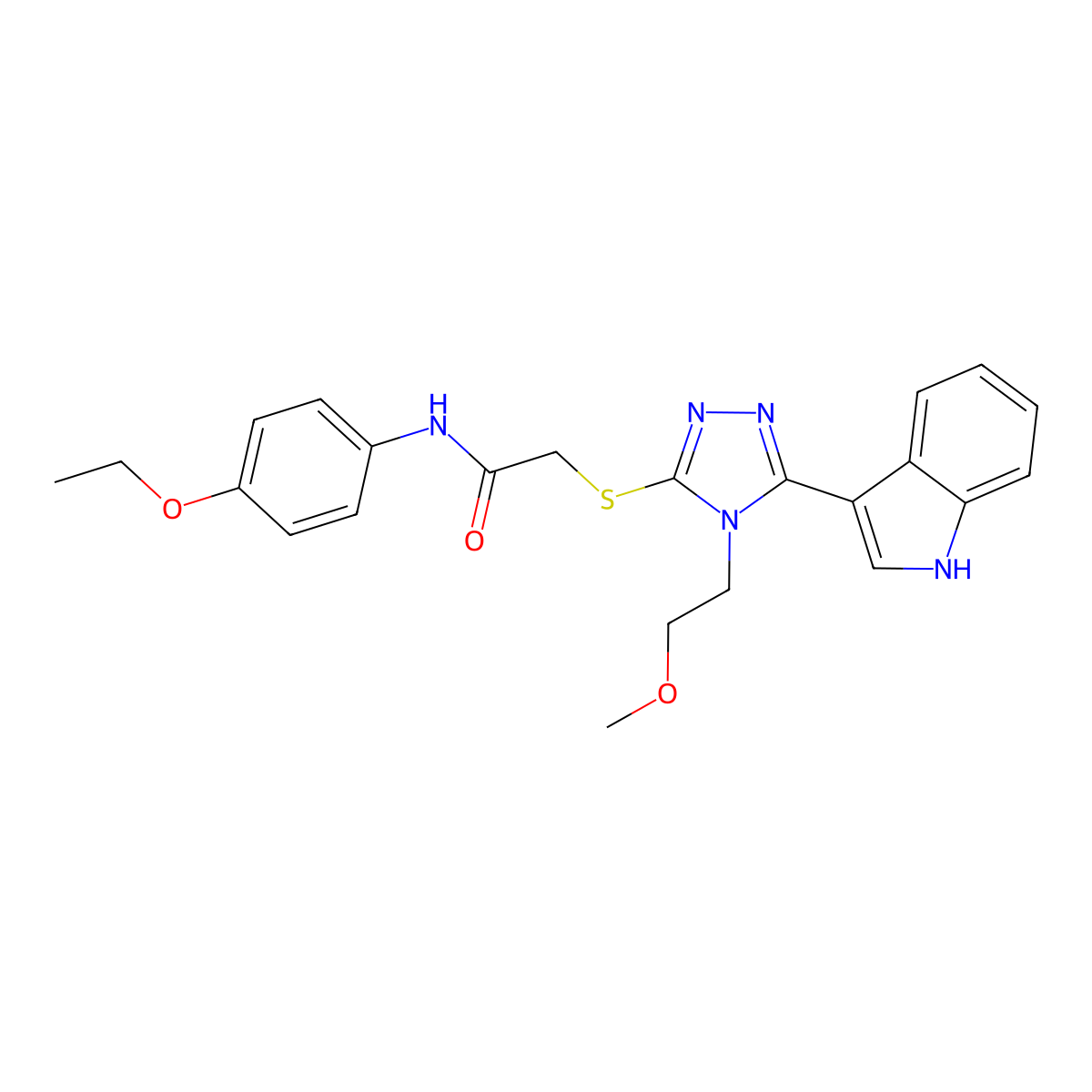 2-((5-(1H-indol-3-yl)-4-(2-methoxyethyl)-4H-1,2,4-triazol-3-yl)thio)-N-(4-ethoxyphenyl)acetamide molecular structure, CAS 852144-79-7
