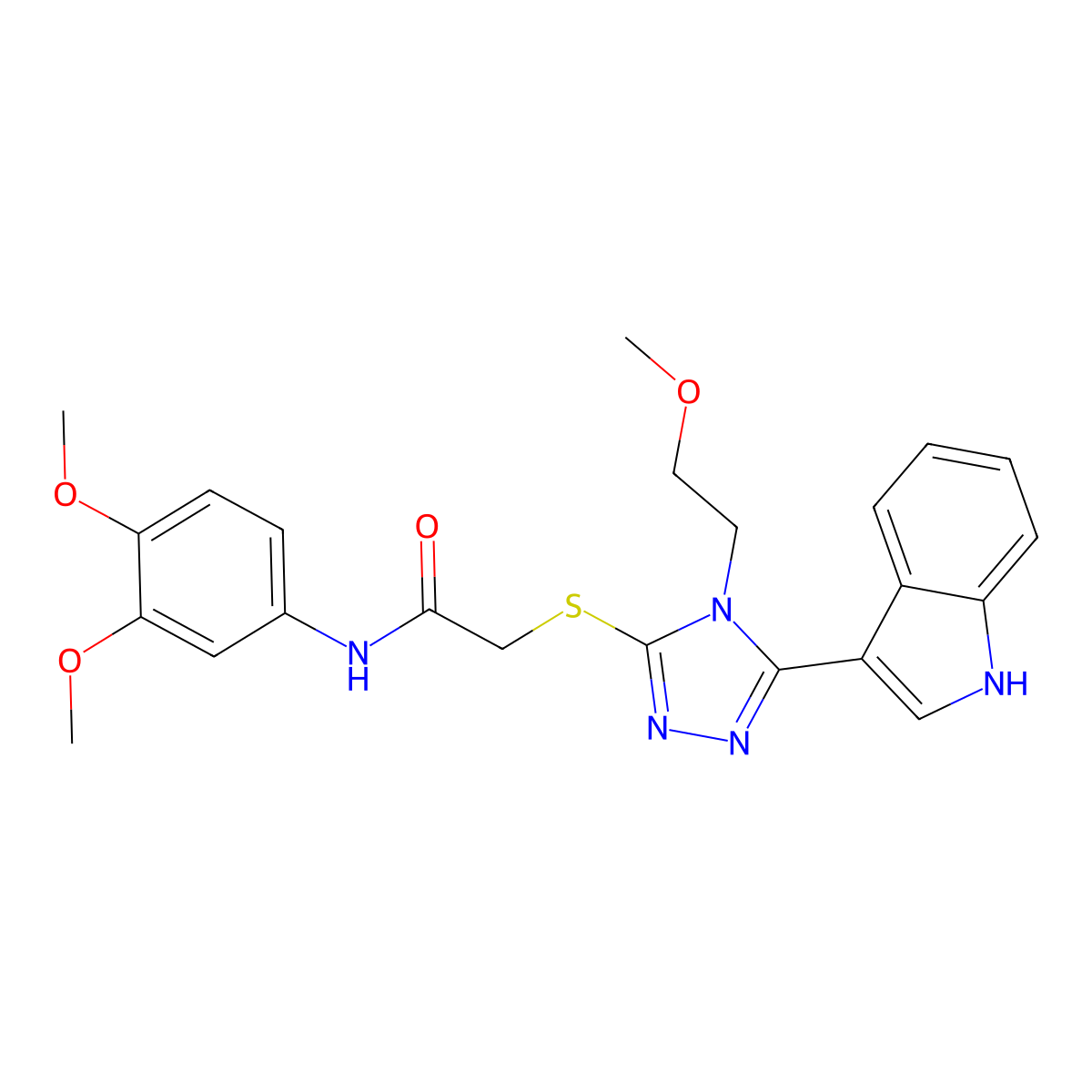 2-((5-(1H-indol-3-yl)-4-(2-methoxyethyl)-4H-1,2,4-triazol-3-yl)thio)-N-(3,4-dimethoxyphenyl)acetamide molecular structure, CAS 852144-82-2