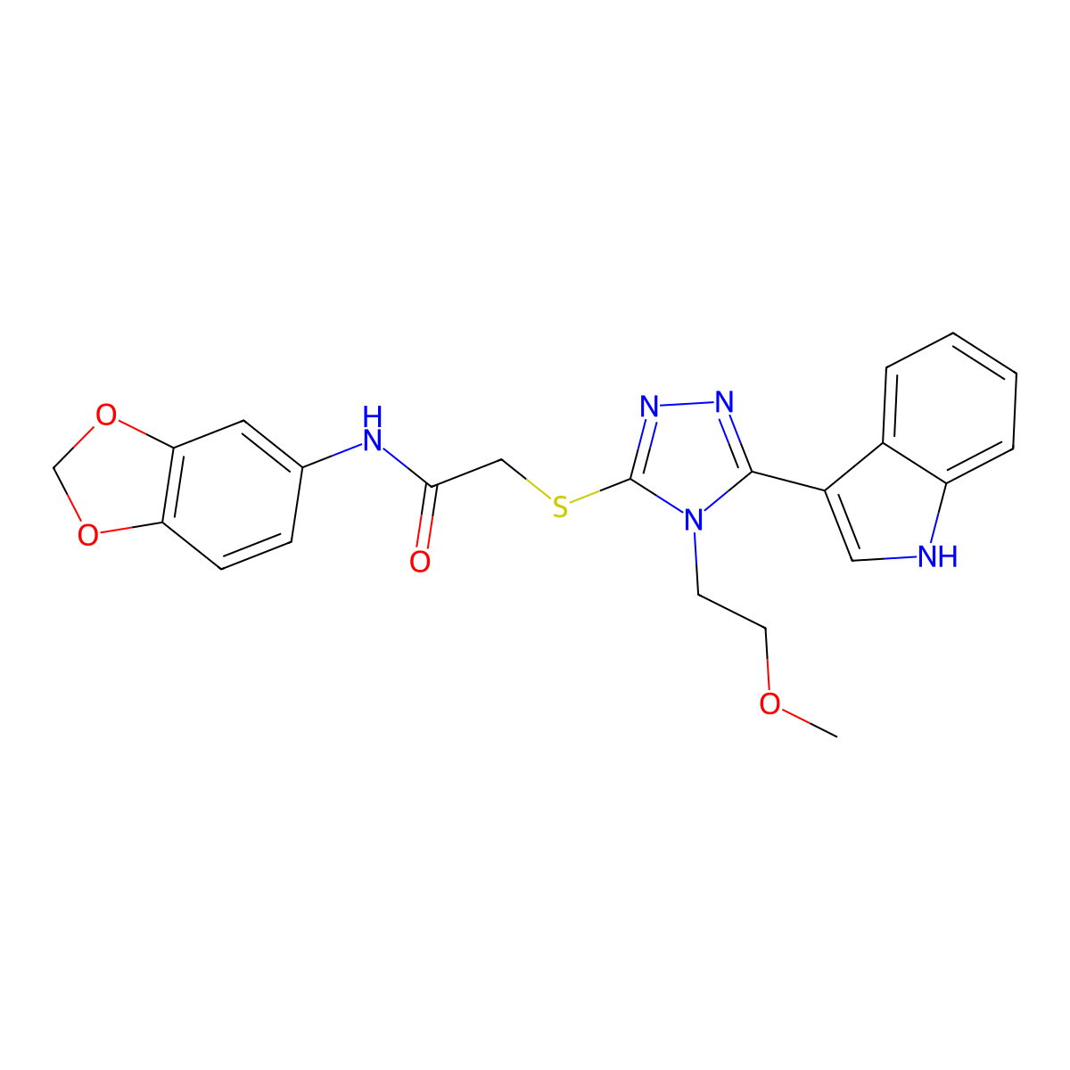N-(2H-1,3-benzodioxol-5-yl)-2-{[5-(1H-indol-3-yl)-4-(2-methoxyethyl)-4H-1,2,4-triazol-3-yl]sulfanyl}acetamide molecular structure, CAS 852144-83-3