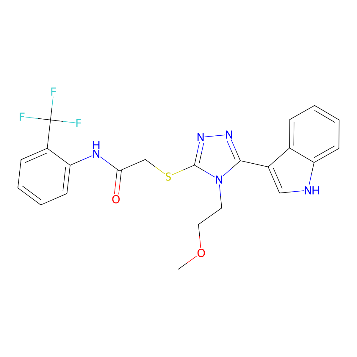 2-((5-(1H-indol-3-yl)-4-(2-methoxyethyl)-4H-1,2,4-triazol-3-yl)thio)-N-(2-(trifluoromethyl)phenyl)acetamide molecular structure, CAS 852144-85-5