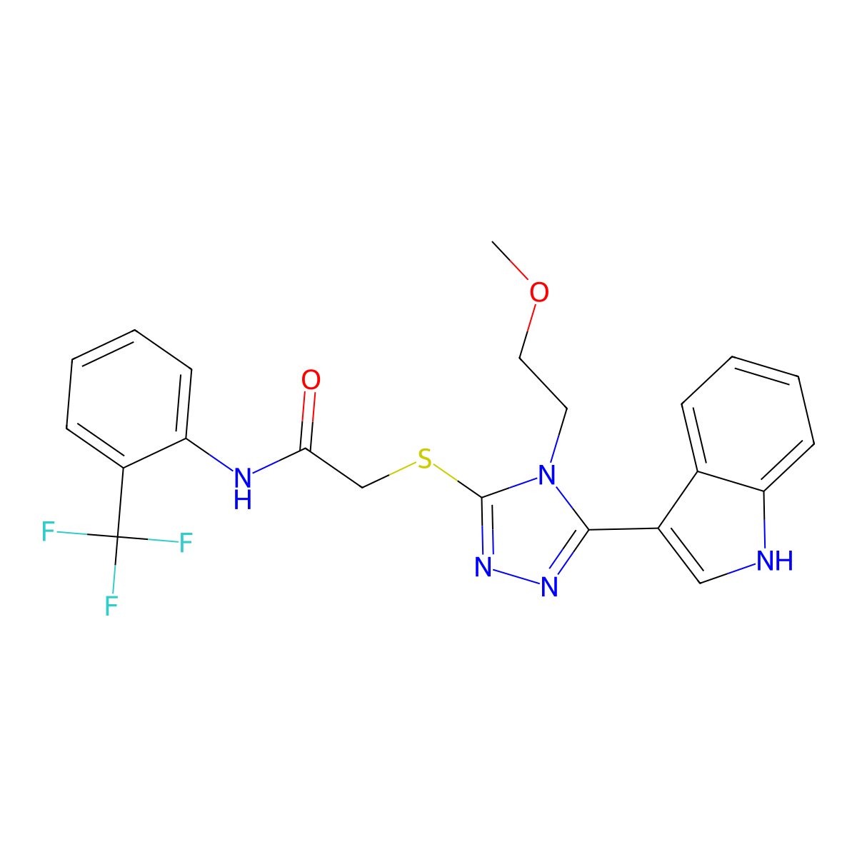 2-((5-(1H-indol-3-yl)-4-(2-methoxyethyl)-4H-1,2,4-triazol-3-yl)thio)-N-(2-(trifluoromethyl)phenyl)acetamide molecular structure, CAS 852144-85-5
