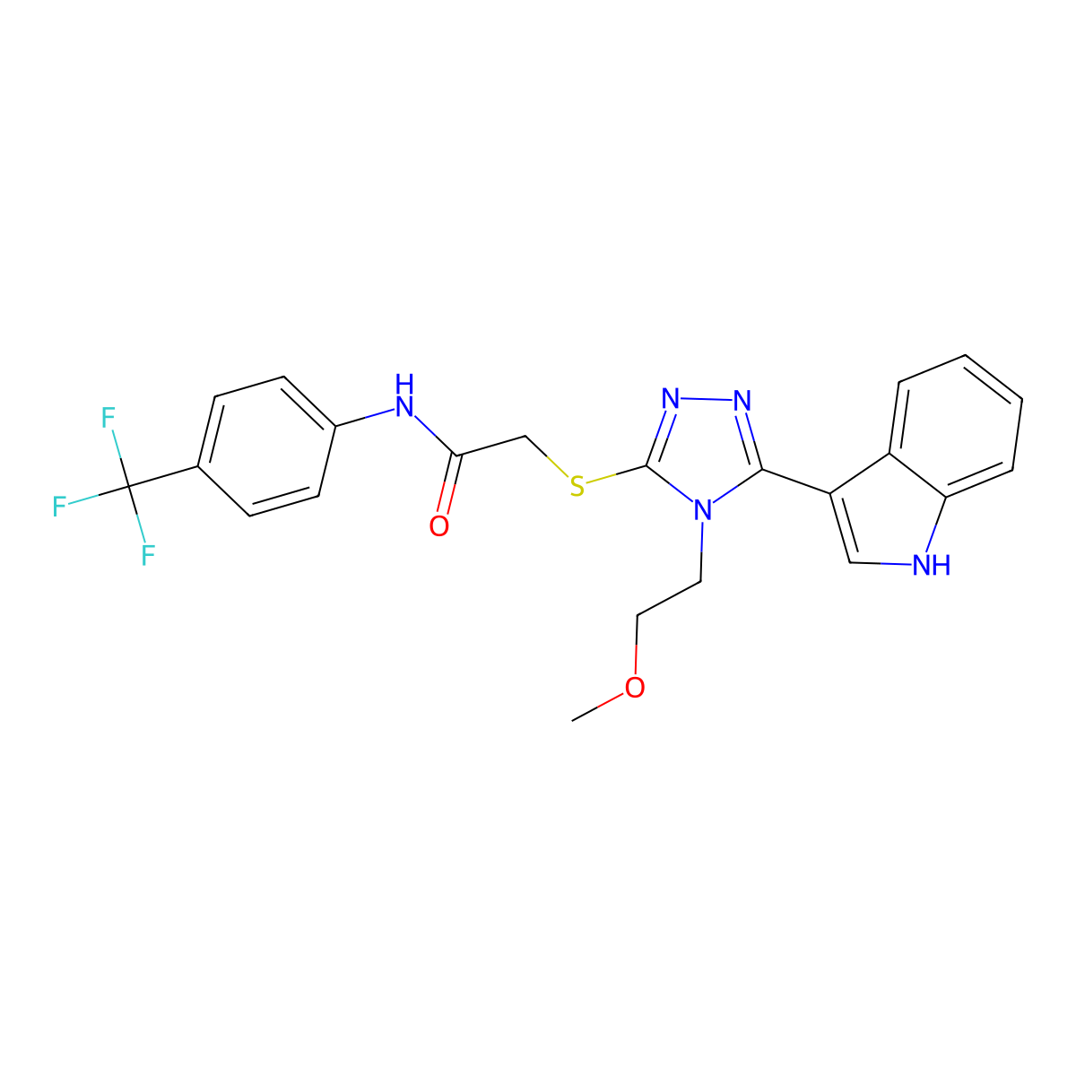 2-((5-(1H-indol-3-yl)-4-(2-methoxyethyl)-4H-1,2,4-triazol-3-yl)thio)-N-(4-(trifluoromethyl)phenyl)acetamide molecular structure, CAS 852144-87-7