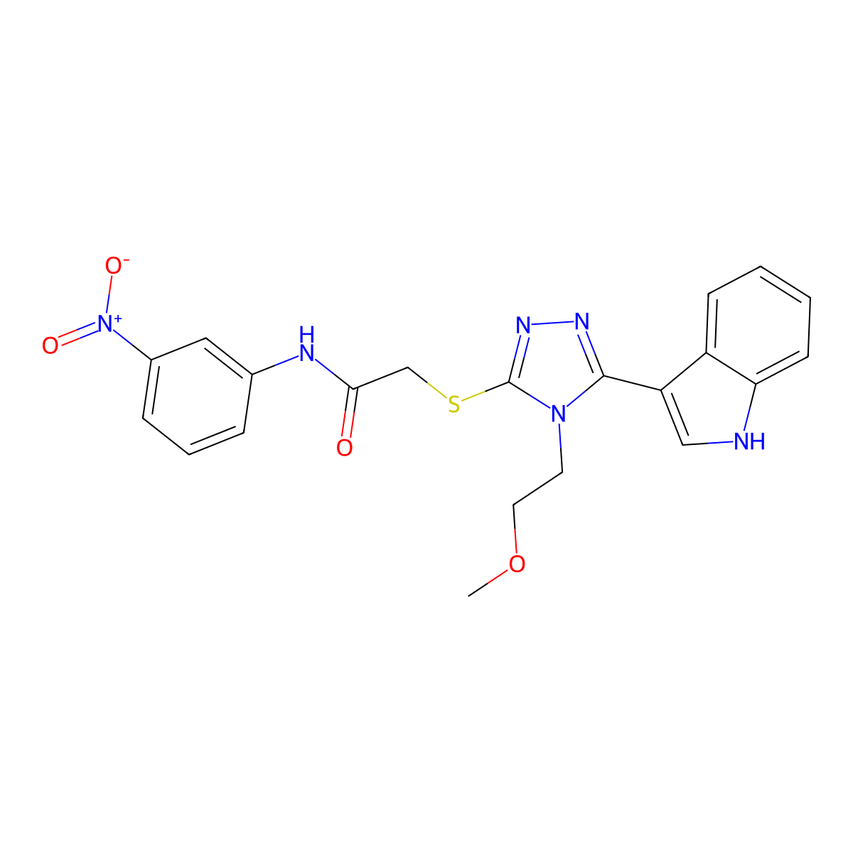 2-((5-(1H-indol-3-yl)-4-(2-methoxyethyl)-4H-1,2,4-triazol-3-yl)thio)-N-(3-nitrophenyl)acetamide molecular structure, CAS 852144-89-9