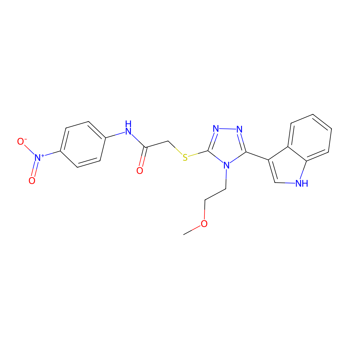 2-((5-(1H-indol-3-yl)-4-(2-methoxyethyl)-4H-1,2,4-triazol-3-yl)thio)-N-(4-nitrophenyl)acetamide molecular structure, CAS 852144-90-2